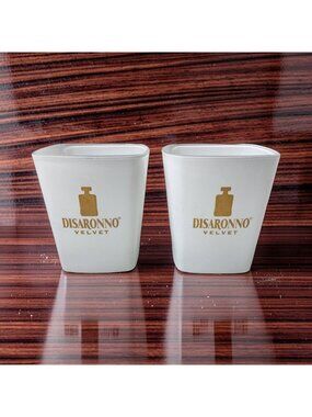 Disaronno Velvet Logo White & Gold Rocks Glasses Set of 2 Vintage Fun Unique Bar